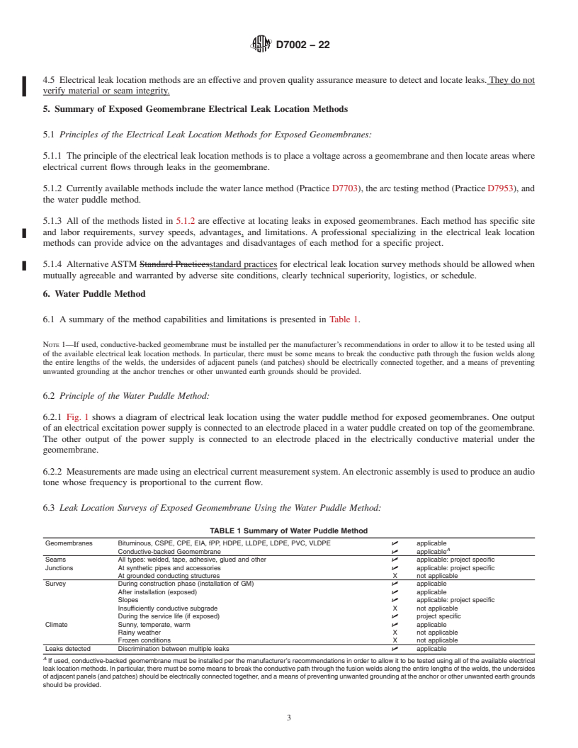 REDLINE ASTM D7002-22 - Standard Practice for Electrical Leak Location on Exposed Geomembranes Using the  Water Puddle Method