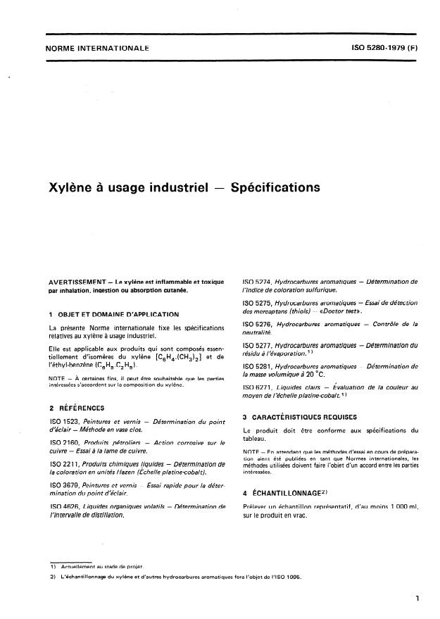 ISO 5280:1979 - Xylene a usage industriel -- Spécifications