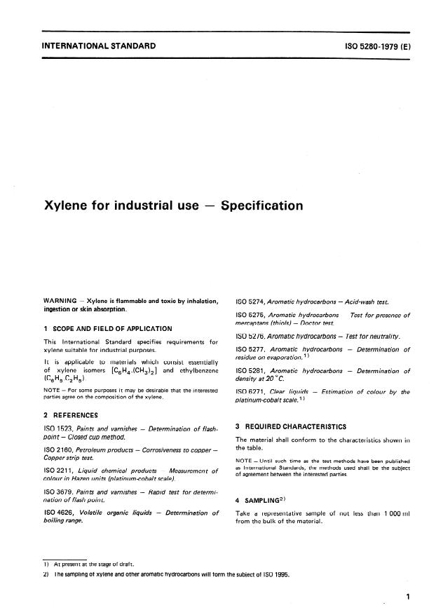 ISO 5280:1979 - Xylene for industrial use -- Specification