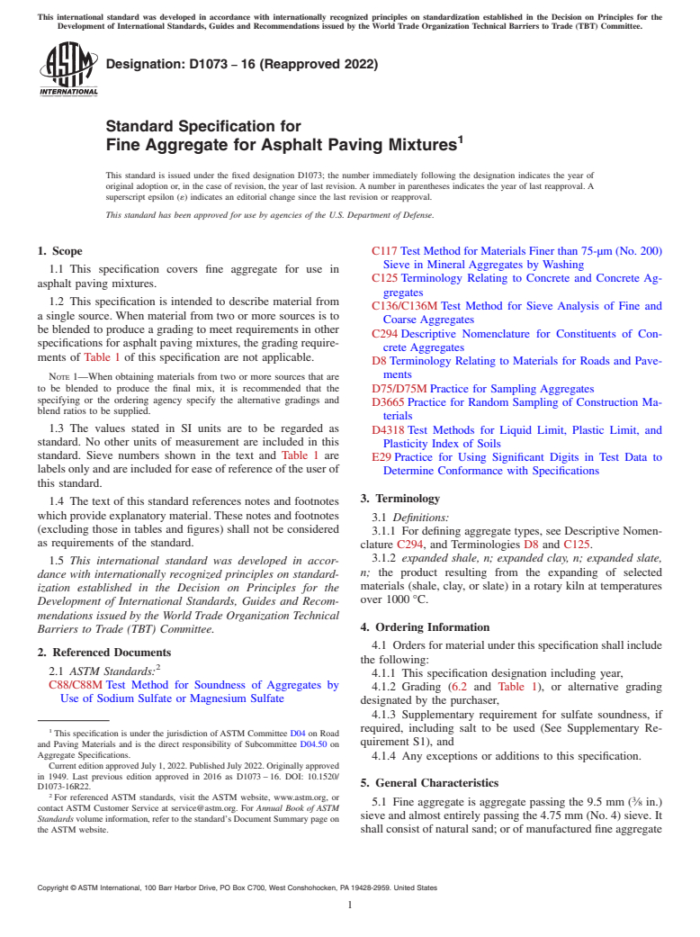 ASTM D1073-16(2022) - Standard Specification for  Fine Aggregate for Asphalt Paving Mixtures