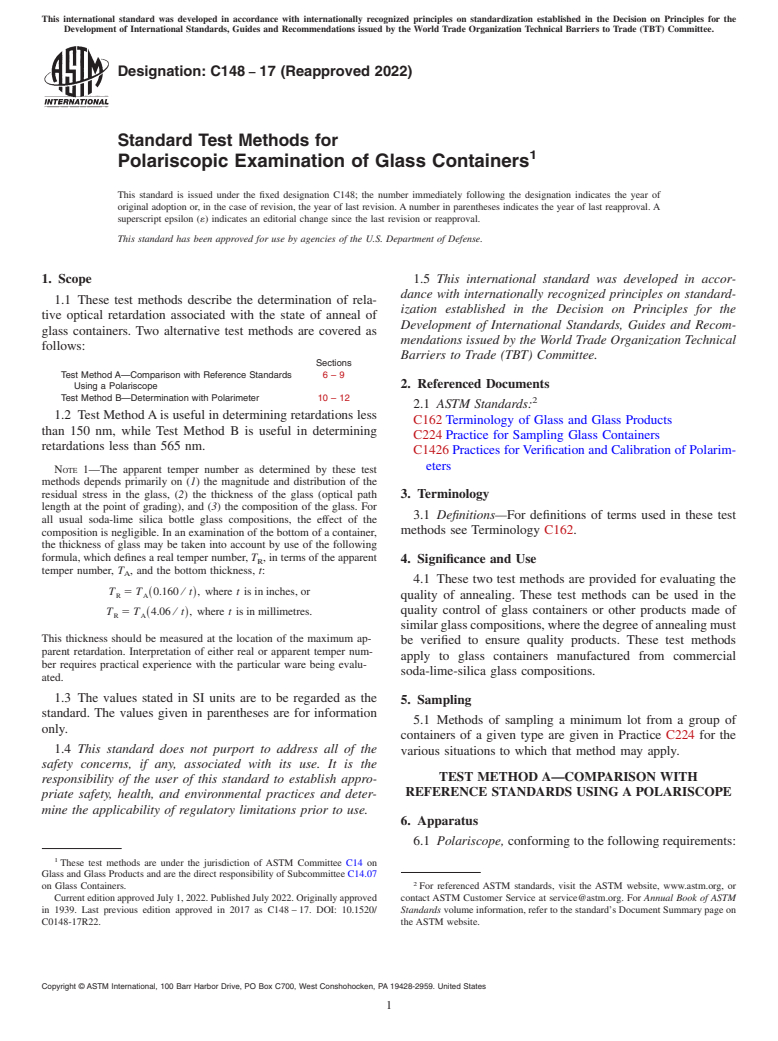 ASTM C148-17(2022) - Standard Test Methods for  Polariscopic Examination of Glass Containers