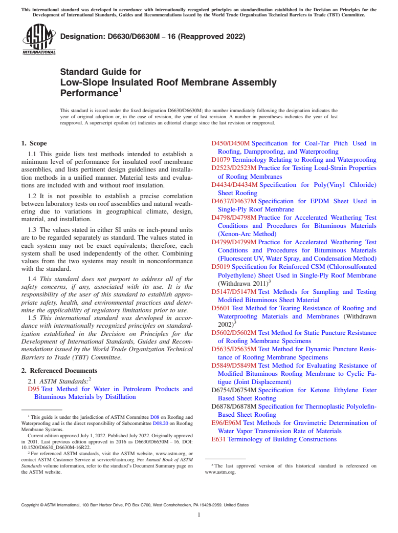 ASTM D6630/D6630M-16(2022) - Standard Guide for  Low-Slope Insulated Roof Membrane Assembly Performance