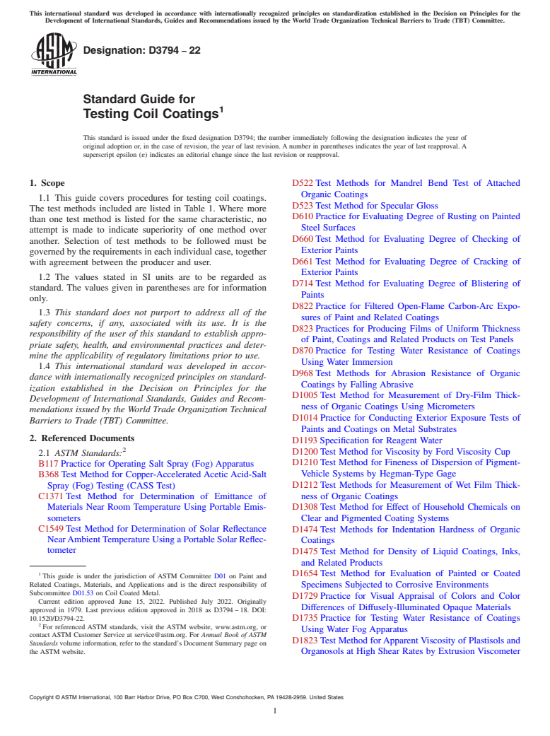 ASTM D3794-22 - Standard Guide for Testing Coil Coatings