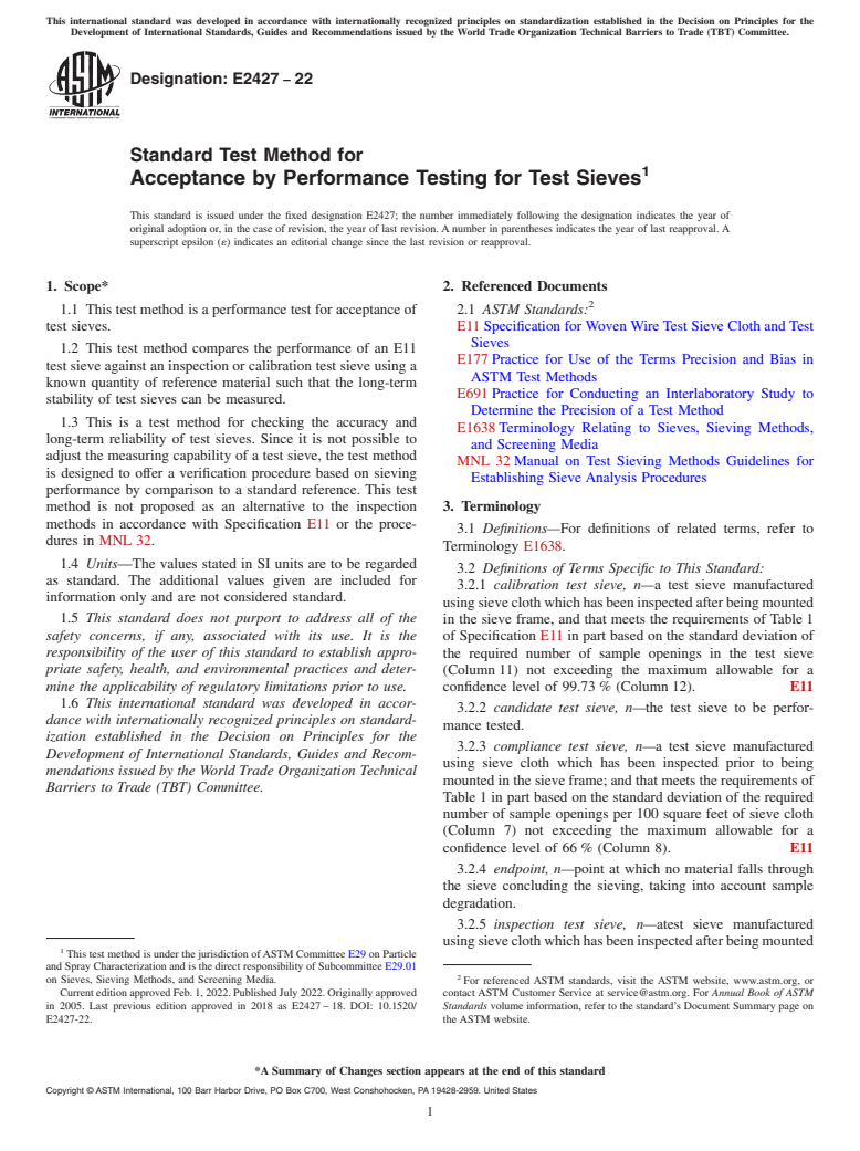 ASTM E2427-22 - Standard Test Method for Acceptance by Performance Testing for Test Sieves