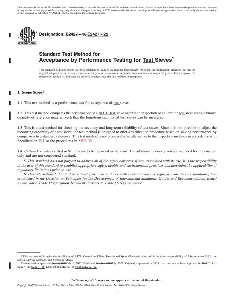 REDLINE ASTM E2427-22 - Standard Test Method for Acceptance by Performance Testing for Test Sieves