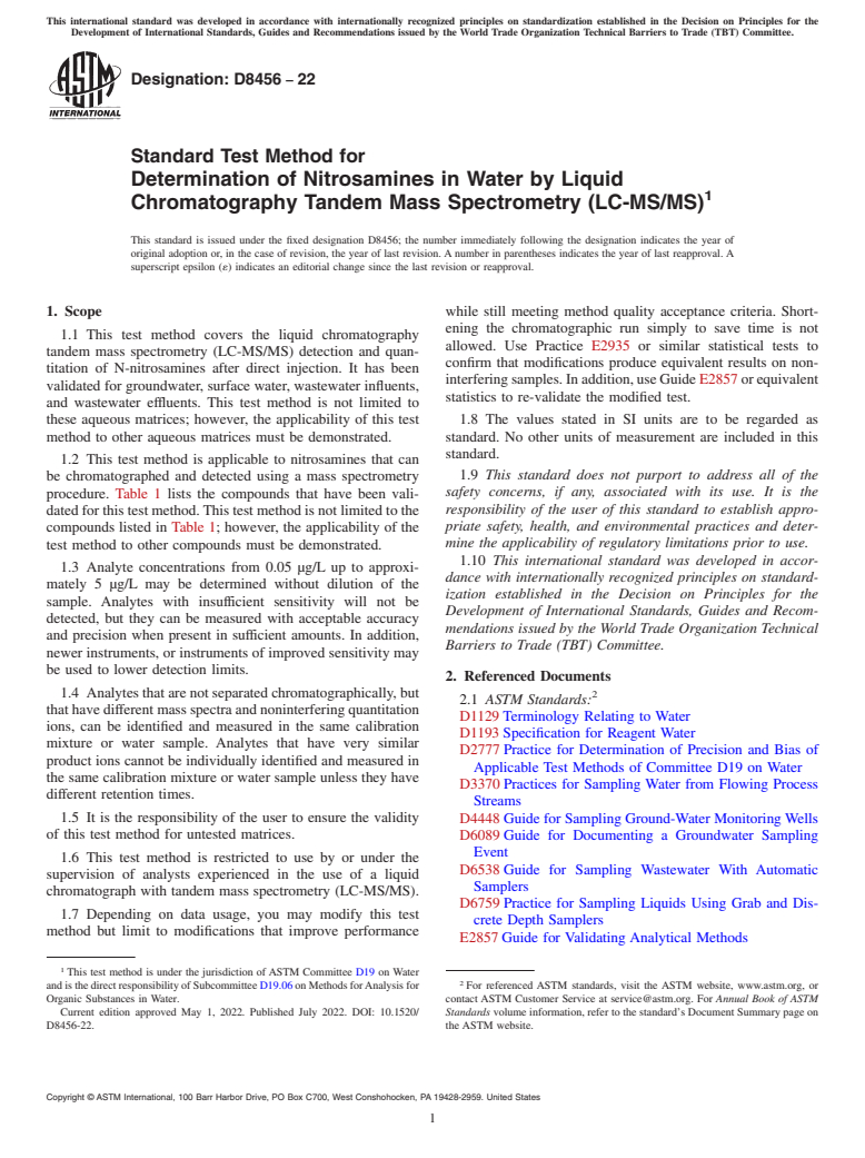 ASTM D8456-22 - Standard Test Method for Determination of Nitrosamines in Water by Liquid Chromatography  Tandem Mass Spectrometry (LC-MS/MS)