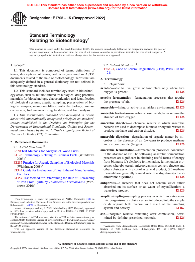 ASTM E1705-15(2022) - Standard Terminology  Relating to Biotechnology