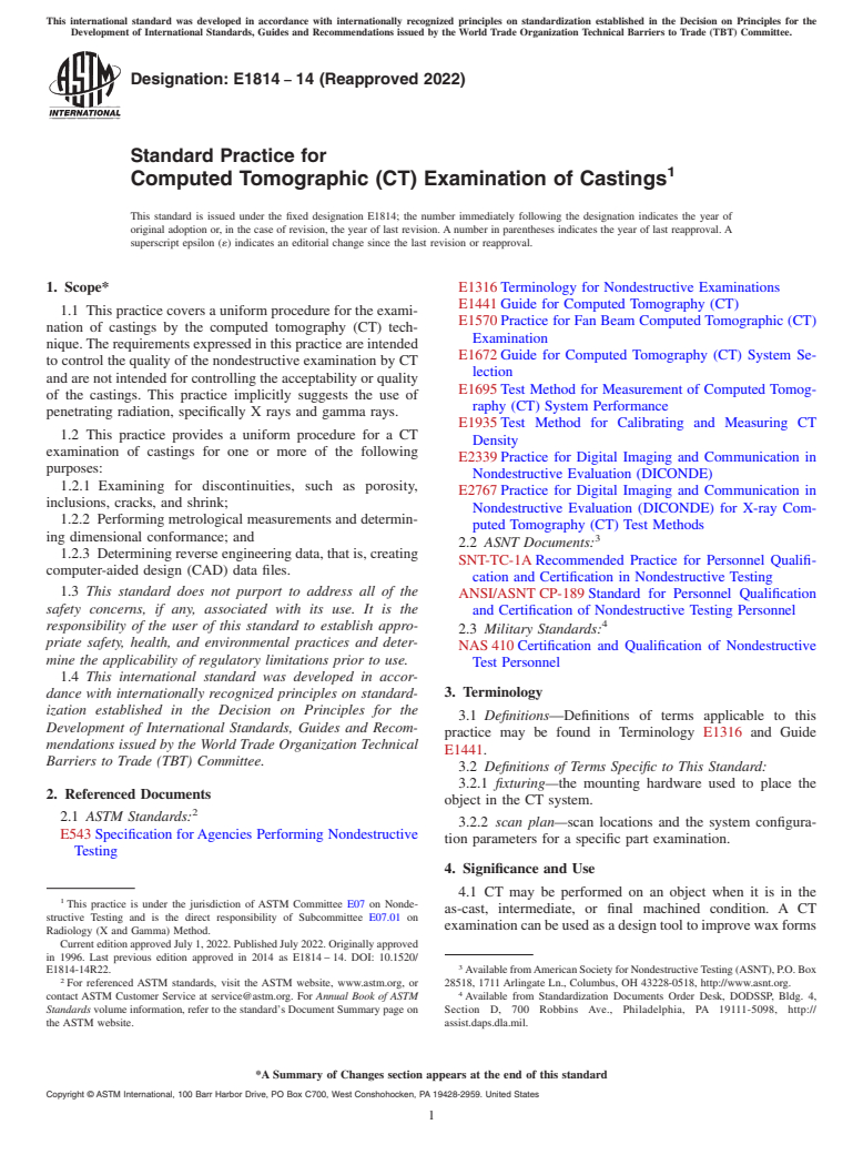 ASTM E1814-14(2022) - Standard Practice for  Computed Tomographic (CT) Examination of Castings