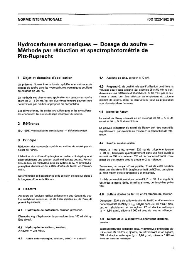 ISO 5282:1982 - Hydrocarbures aromatiques -- Dosage du soufre -- Méthode par réduction et spectrophotométrie de Pitt-Ruprecht