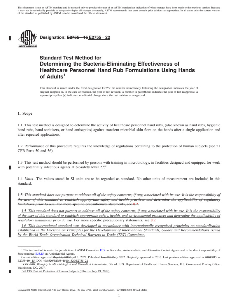 REDLINE ASTM E2755-22 - Standard Test Method for  Determining the Bacteria-Eliminating Effectiveness of Healthcare  Personnel Hand Rub Formulations Using Hands of Adults