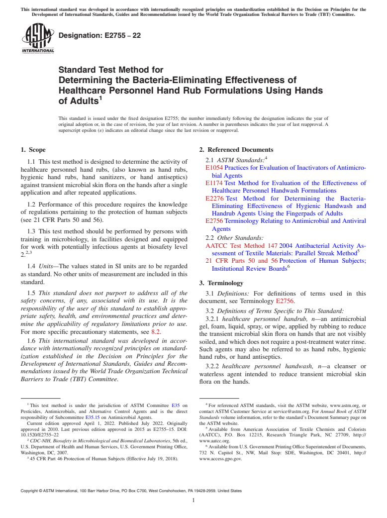 ASTM E2755-22 - Standard Test Method for  Determining the Bacteria-Eliminating Effectiveness of Healthcare  Personnel Hand Rub Formulations Using Hands of Adults