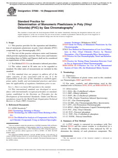 ASTM D7083-16(2022) ASTM D7083-16(2022) - Standard Practice for Determination of Monomeric Plasticizers in Poly (Vinyl Chloride) (PVC) by Gas Chromatography - Page 1 preview