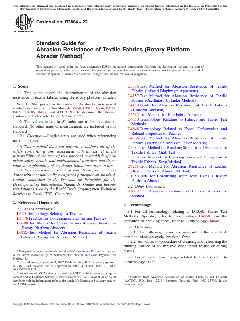 ASTM D3884-22 - Standard Guide for Abrasion Resistance of Textile Fabrics (Rotary Platform Abrader  Method)