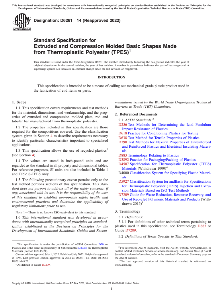 ASTM D6261-14(2022) - Standard Specification for  Extruded and Compression Molded Basic Shapes Made from Thermoplastic  Polyester (TPES)