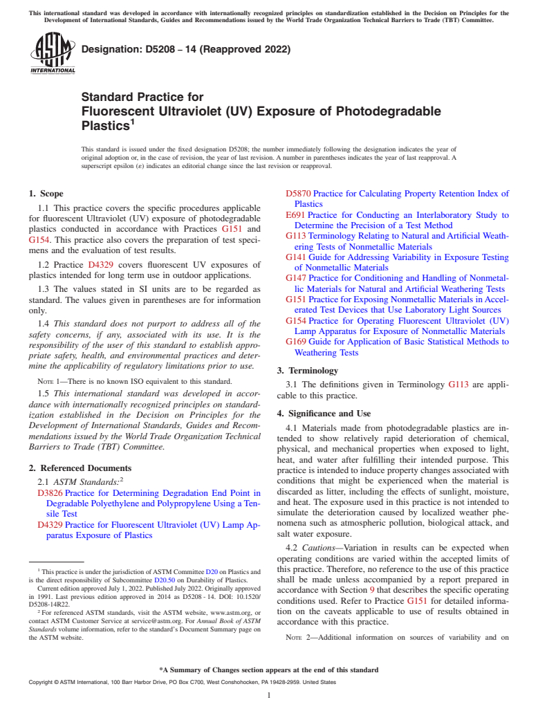 ASTM D5208-14(2022) - Standard Practice for  Fluorescent Ultraviolet (UV) Exposure of Photodegradable Plastics