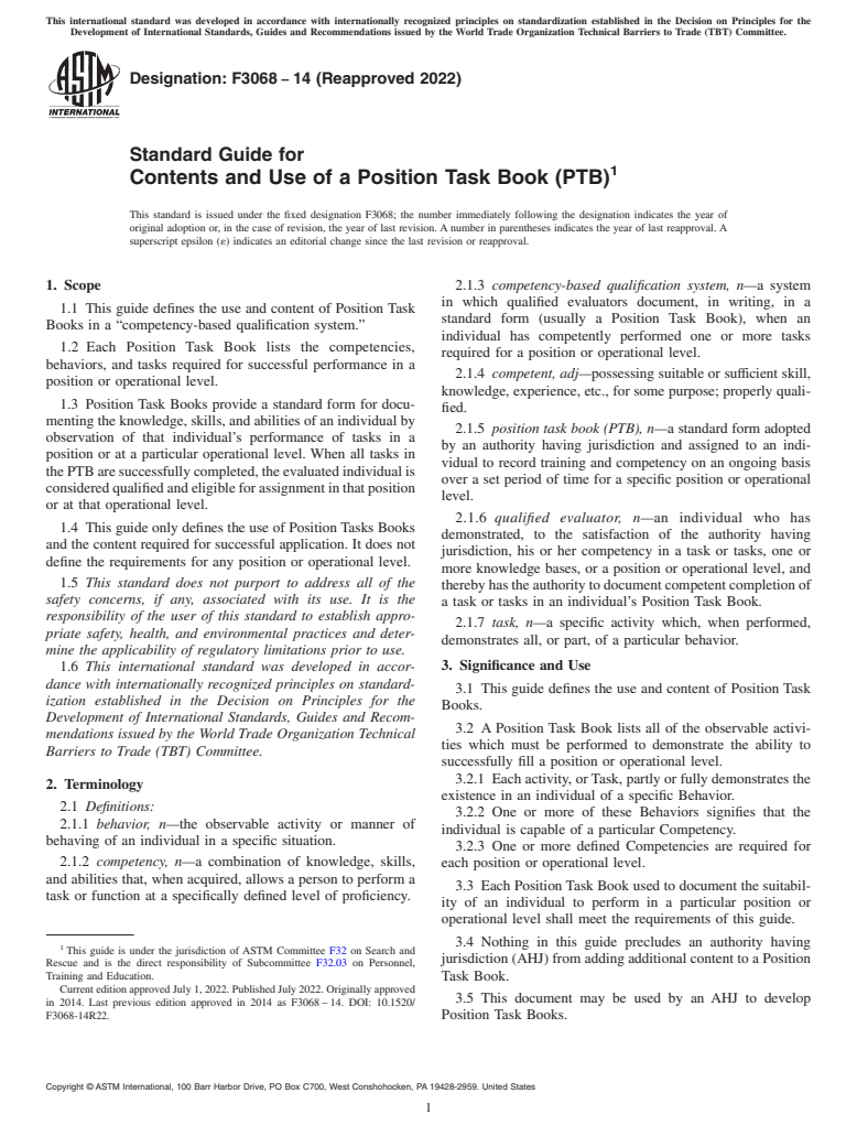 ASTM F3068-14(2022) - Standard Guide for Contents and Use of a Position Task Book (PTB)