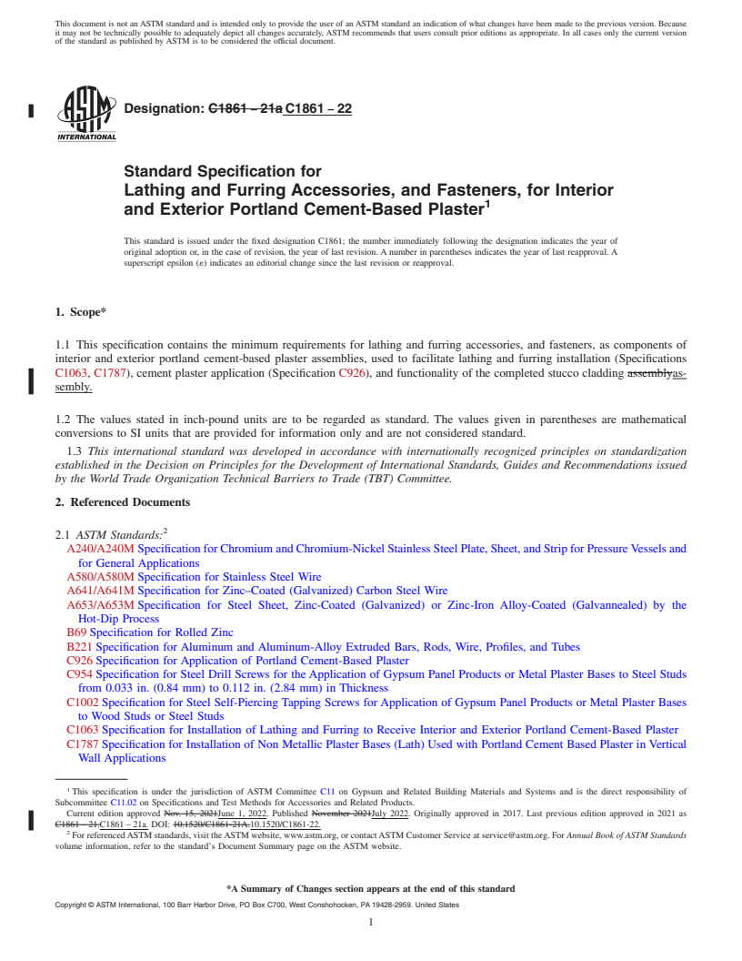 REDLINE ASTM C1861-22 - Standard Specification for Lathing and Furring Accessories, and Fasteners, for Interior  and Exterior Portland Cement-Based Plaster