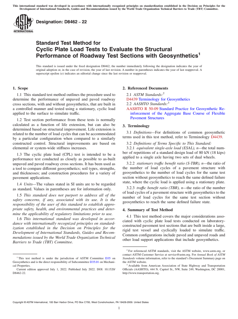 ASTM D8462-22 - Standard Test Method for Cyclic Plate Load Tests to Evaluate the Structural Performance  of Roadway Test Sections with Geosynthetics