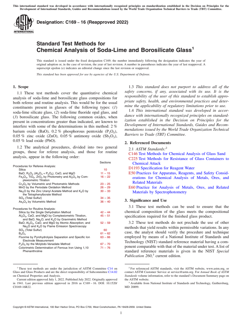 ASTM C169-16(2022) - Standard Test Methods for  Chemical Analysis of Soda-Lime and Borosilicate Glass