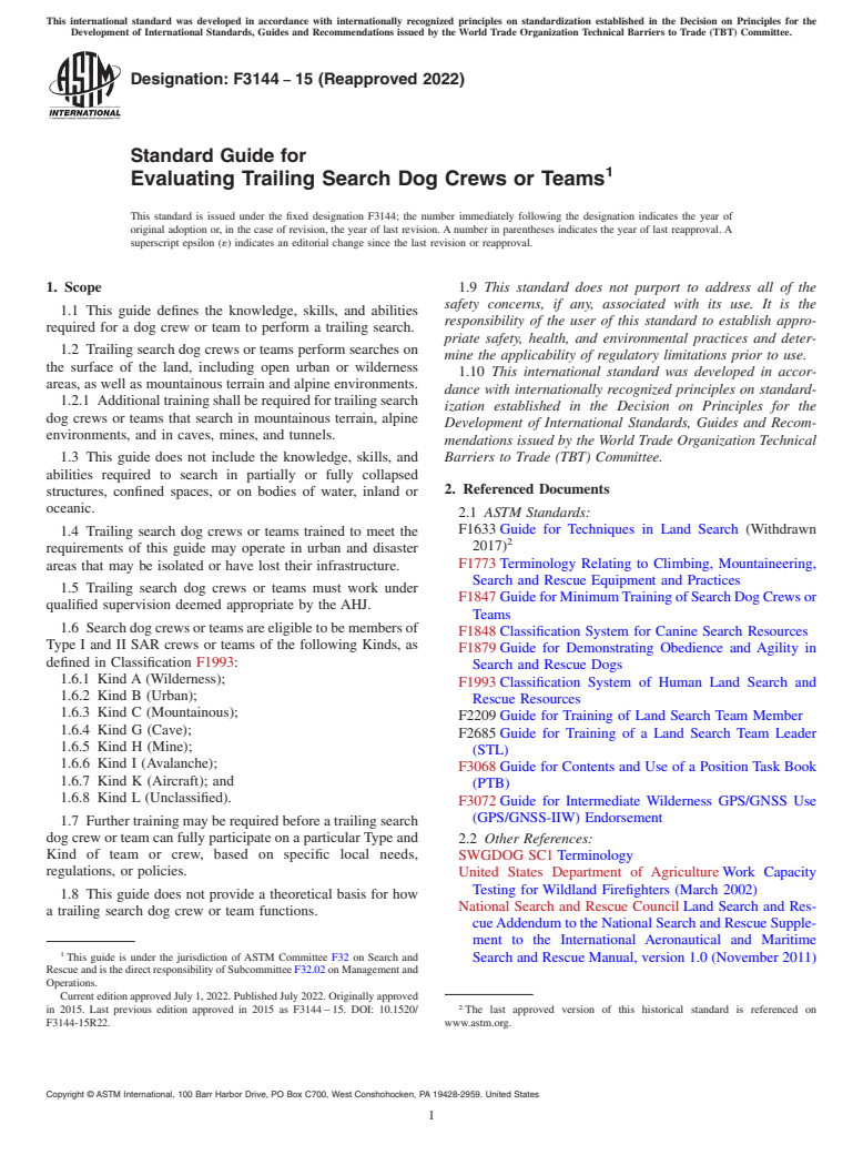 ASTM F3144-15(2022) - Standard Guide for Evaluating Trailing Search Dog Crews or Teams