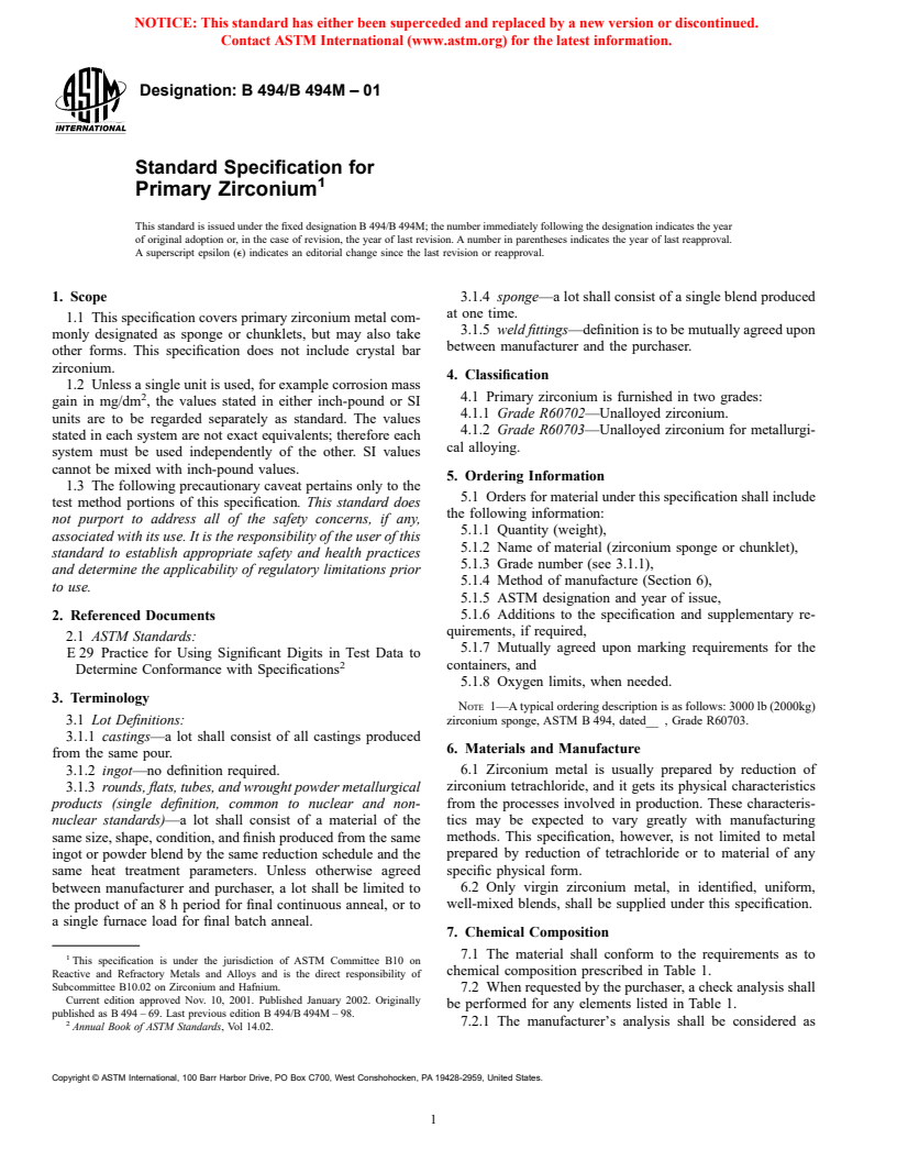 ASTM B494/B494M-01 - Standard Specification for Primary Zirconium