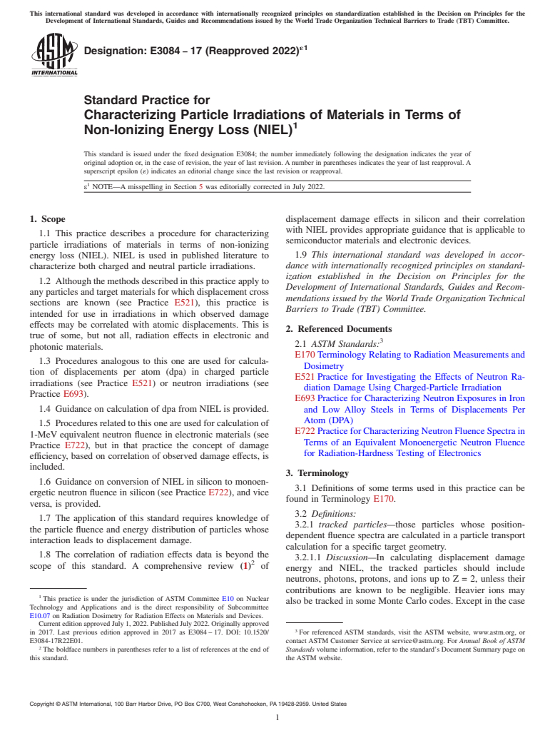 ASTM E3084-17(2022)e1 - Standard Practice for Characterizing Particle Irradiations of Materials in Terms  of Non-Ionizing Energy Loss (NIEL)