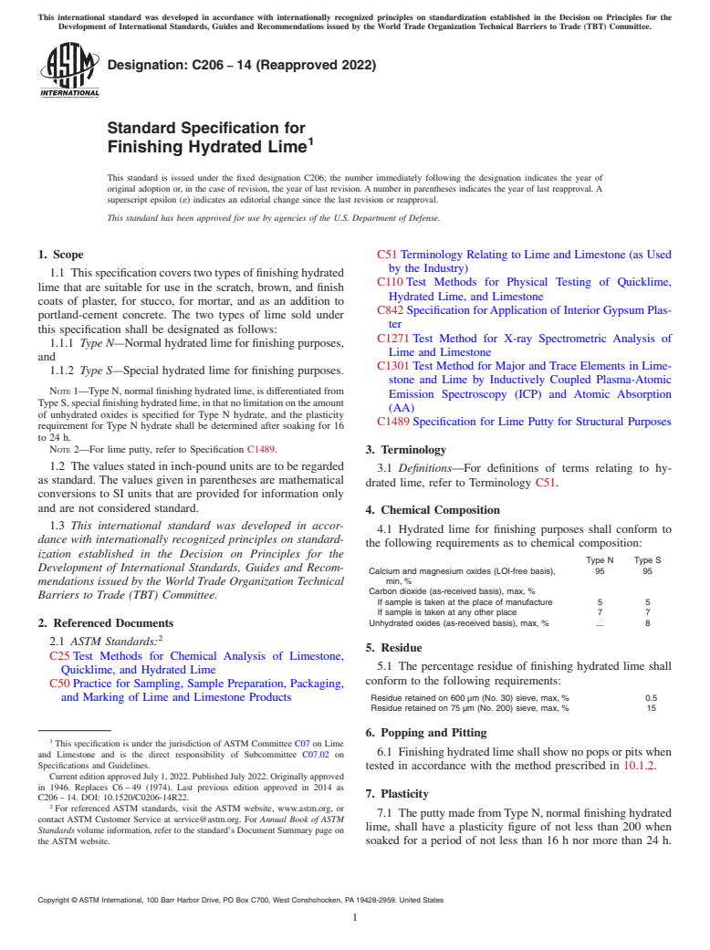 ASTM C206-14(2022) - Standard Specification for  Finishing Hydrated Lime