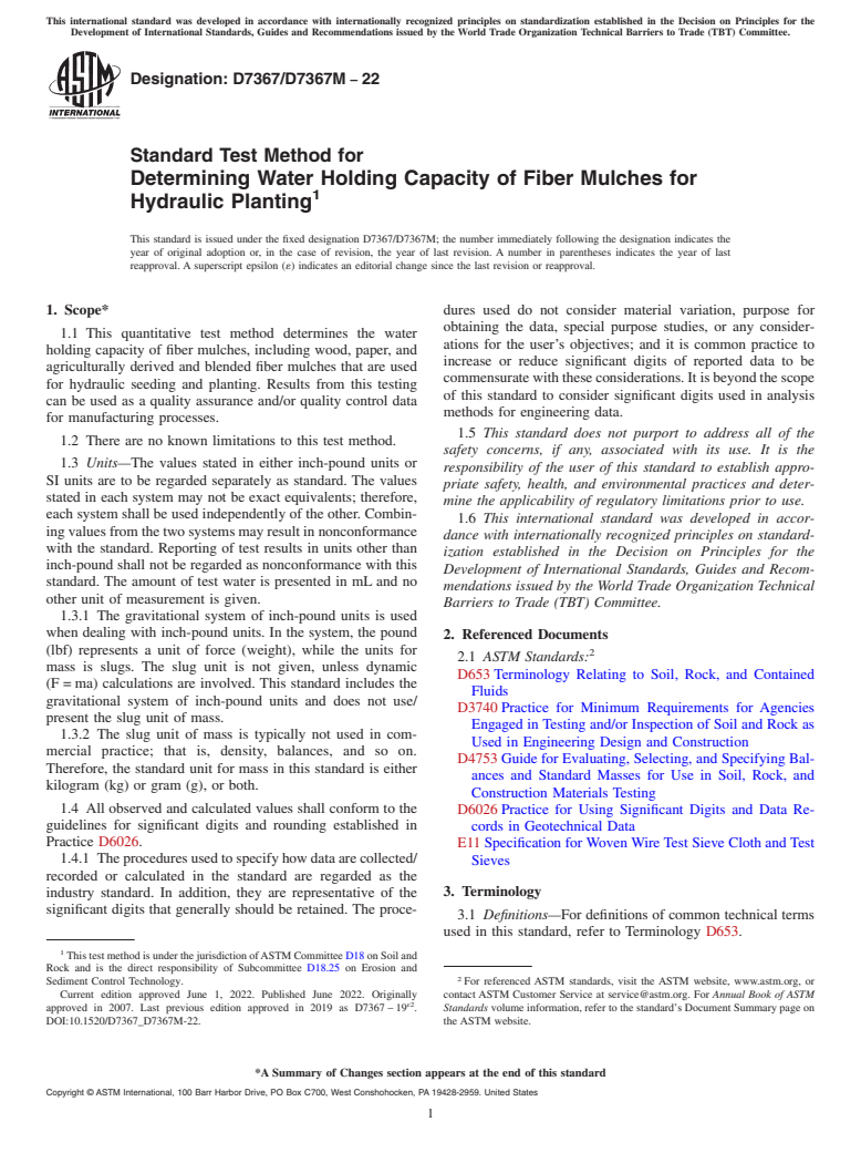 ASTM D7367/D7367M-22 - Standard Test Method for  Determining Water Holding Capacity of Fiber Mulches for Hydraulic  Planting