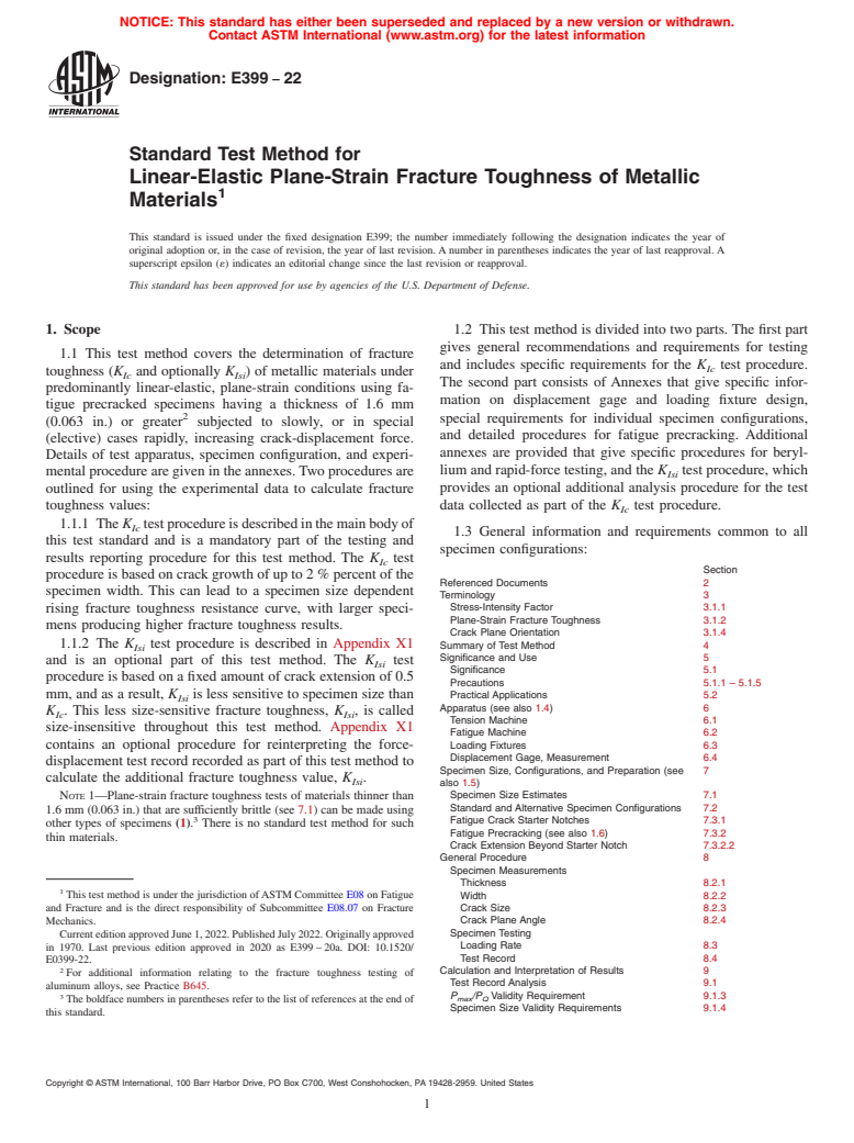 ASTM E399-22 - Standard Test Method for  Linear-Elastic Plane-Strain Fracture Toughness of Metallic  Materials