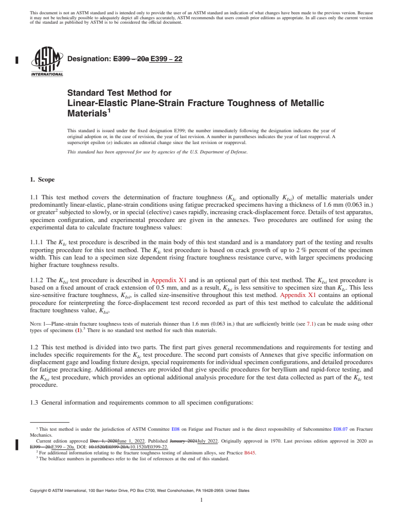 REDLINE ASTM E399-22 - Standard Test Method for  Linear-Elastic Plane-Strain Fracture Toughness of Metallic  Materials