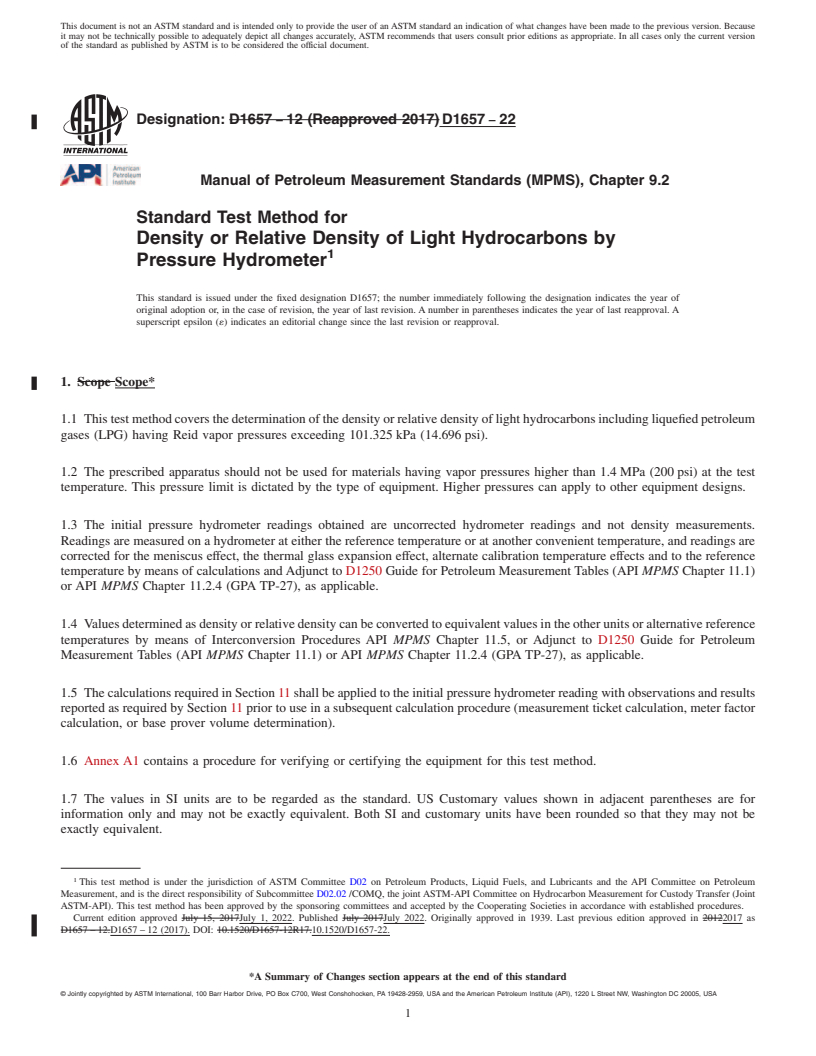 REDLINE ASTM D1657-22 - Standard Test Method for Density or Relative Density of Light Hydrocarbons by Pressure  Hydrometer