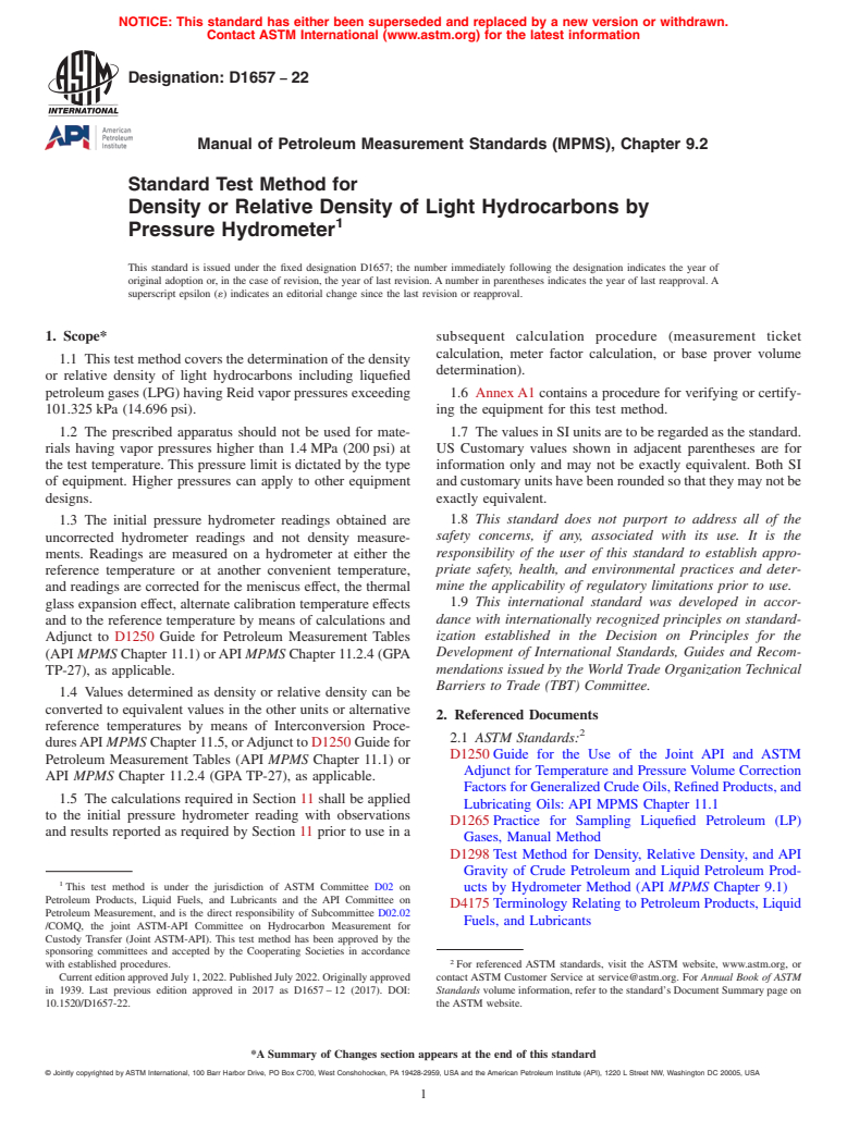 ASTM D1657-22 - Standard Test Method for Density or Relative Density of Light Hydrocarbons by Pressure  Hydrometer