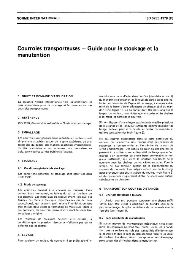 ISO 5285:1978 - Courroies transporteuses -- Guide pour le stockage et la manutention