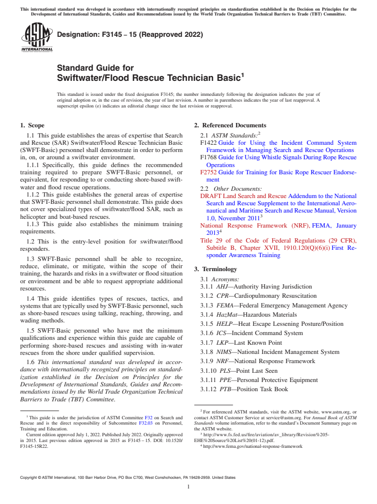 ASTM F3145-15(2022) - Standard Guide for  Swiftwater/Flood Rescue Technician Basic