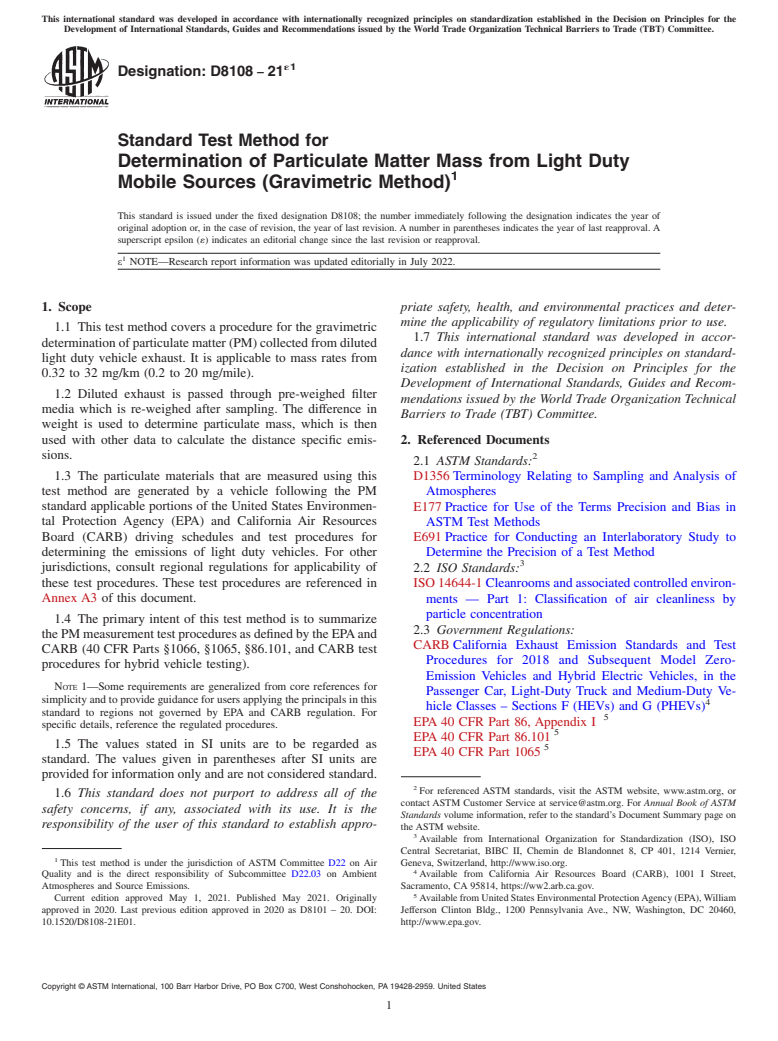 ASTM D8108-21e1 - Standard Test Method for Determination of Particulate Matter Mass from Light Duty Mobile  Sources (Gravimetric Method)
