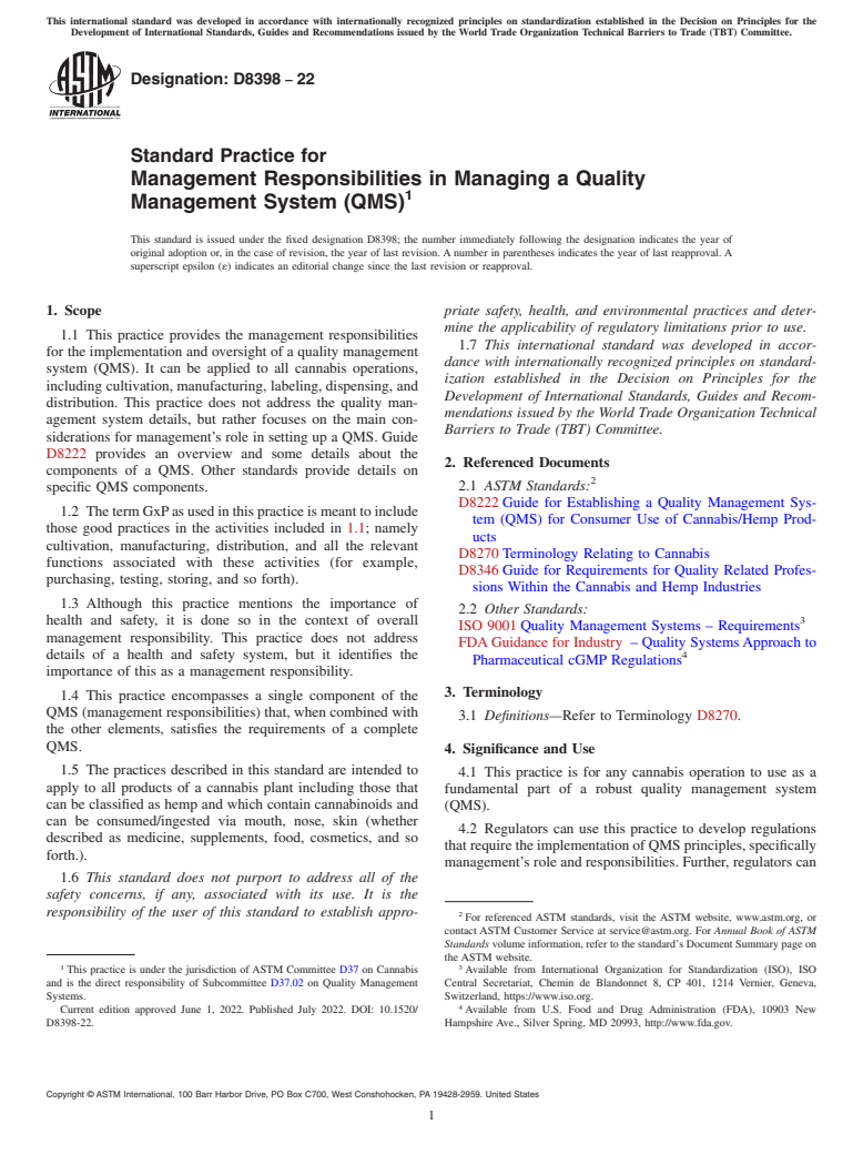 ASTM D8398-22 - Standard Practice for Management Responsibilities in Managing a Quality Management  System  (QMS)