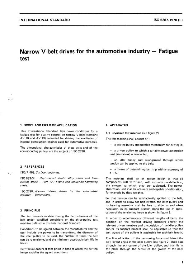 ISO 5287:1978 - Narrow V-belt drives for the automotive industry -- Fatigue test