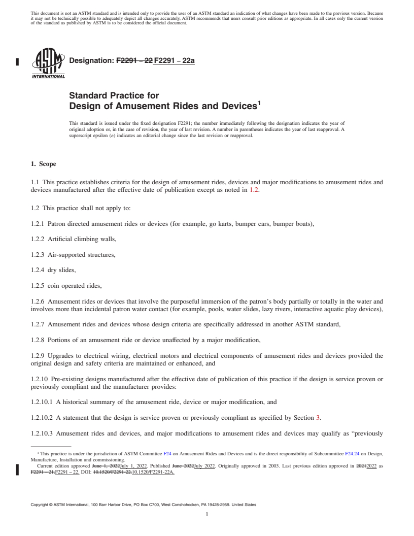 REDLINE ASTM F2291-22a - Standard Practice for Design of Amusement Rides and Devices