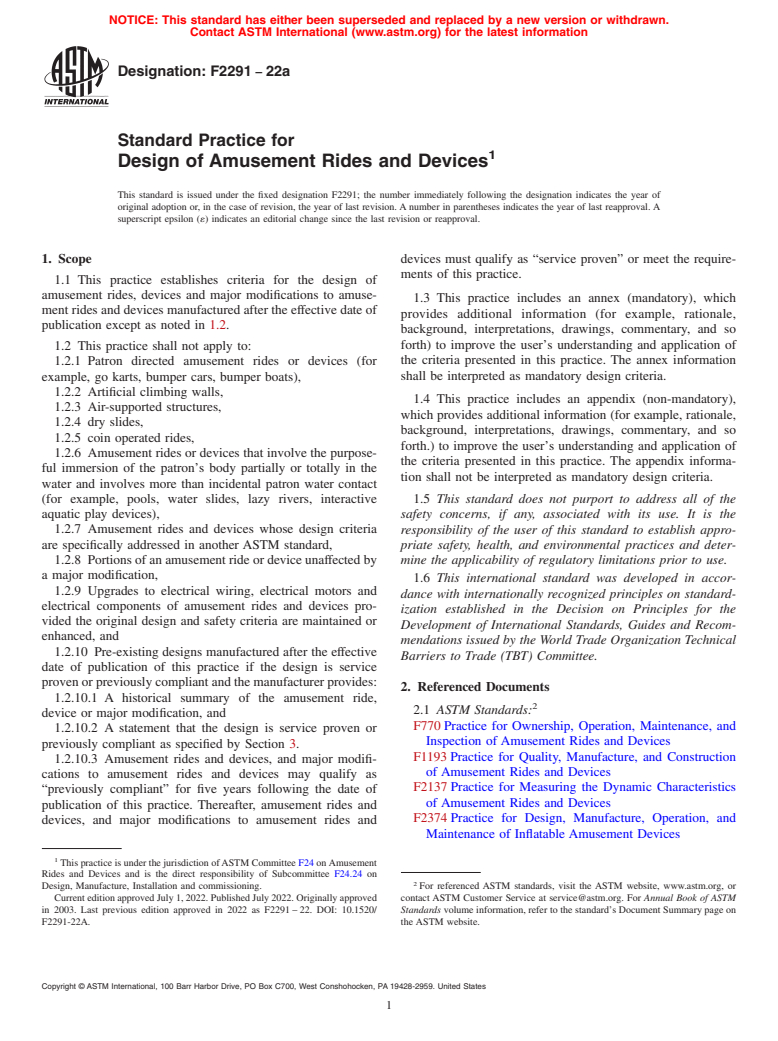 ASTM F2291-22a - Standard Practice for Design of Amusement Rides and Devices