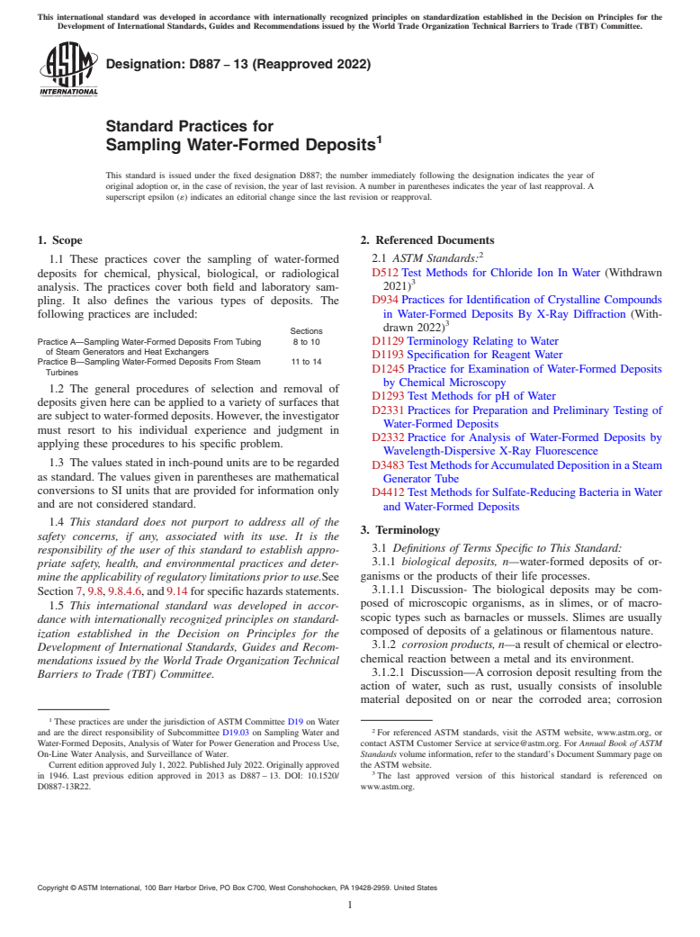 ASTM D887-13(2022) - Standard Practices for  Sampling Water-Formed Deposits