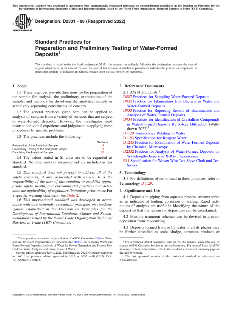 ASTM D2331-08(2022) - Standard Practices for  Preparation and Preliminary Testing of Water-Formed Deposits