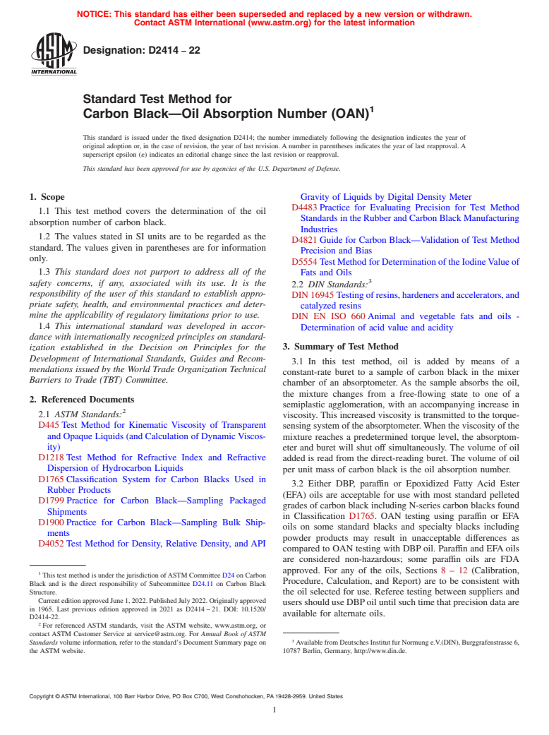 ASTM D2414-22 - Standard Test Method for Carbon Black—Oil Absorption Number (OAN)