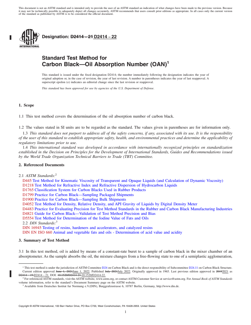 REDLINE ASTM D2414-22 - Standard Test Method for Carbon Black—Oil Absorption Number (OAN)