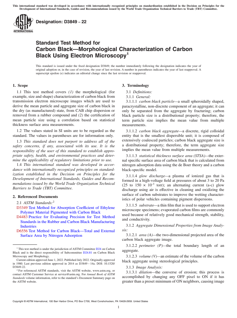 ASTM D3849-22 - Standard Test Method for  Carbon Black—Morphological Characterization of Carbon  Black Using Electron Microscopy