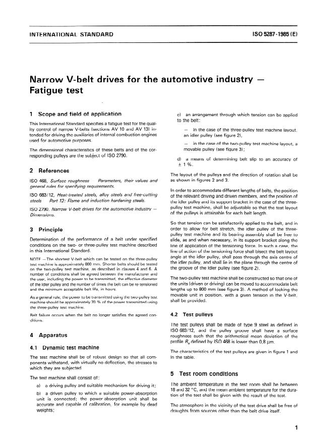 ISO 5287:1985 - Narrow V-belt drives for the automotive industry -- Fatigue test