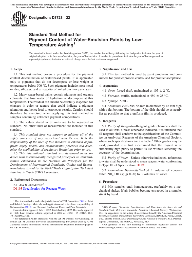 ASTM D3723-22 - Standard Test Method for Pigment Content of Water-Emulsion Paints by Low-Temperature  Ashing