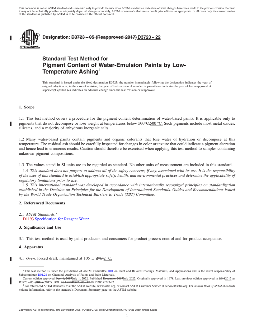 REDLINE ASTM D3723-22 - Standard Test Method for Pigment Content of Water-Emulsion Paints by Low-Temperature  Ashing