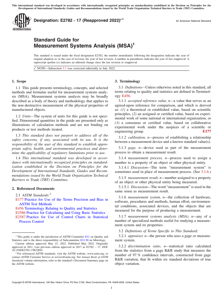 ASTM E2782-17(2022)e1 - Standard Guide for  Measurement Systems Analysis (MSA)