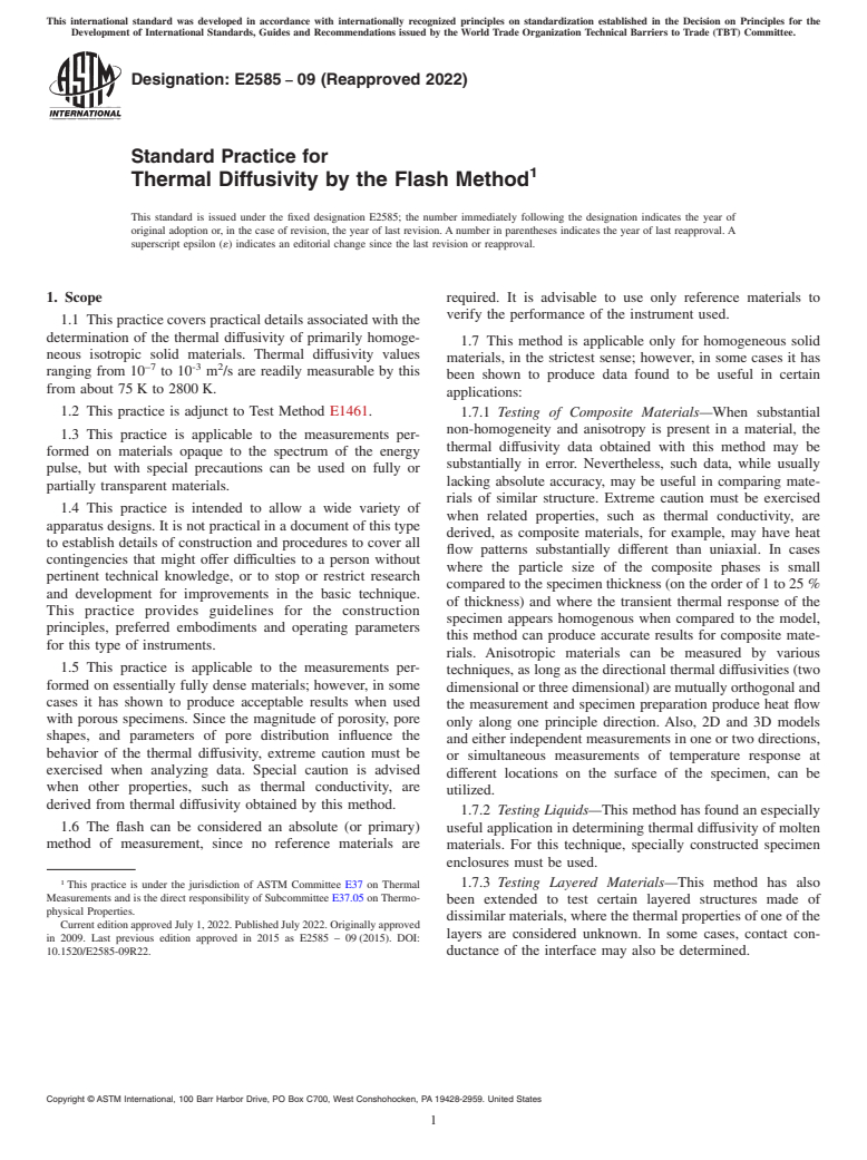 ASTM E2585-09(2022) - Standard Practice for  Thermal Diffusivity by the Flash Method