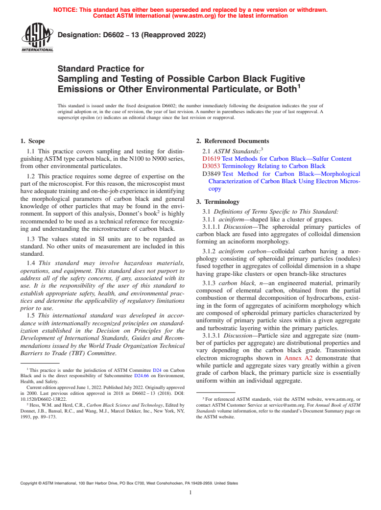 ASTM D6602-13(2022) - Standard Practice for  Sampling and Testing of Possible Carbon Black Fugitive Emissions  or Other Environmental Particulate, or Both